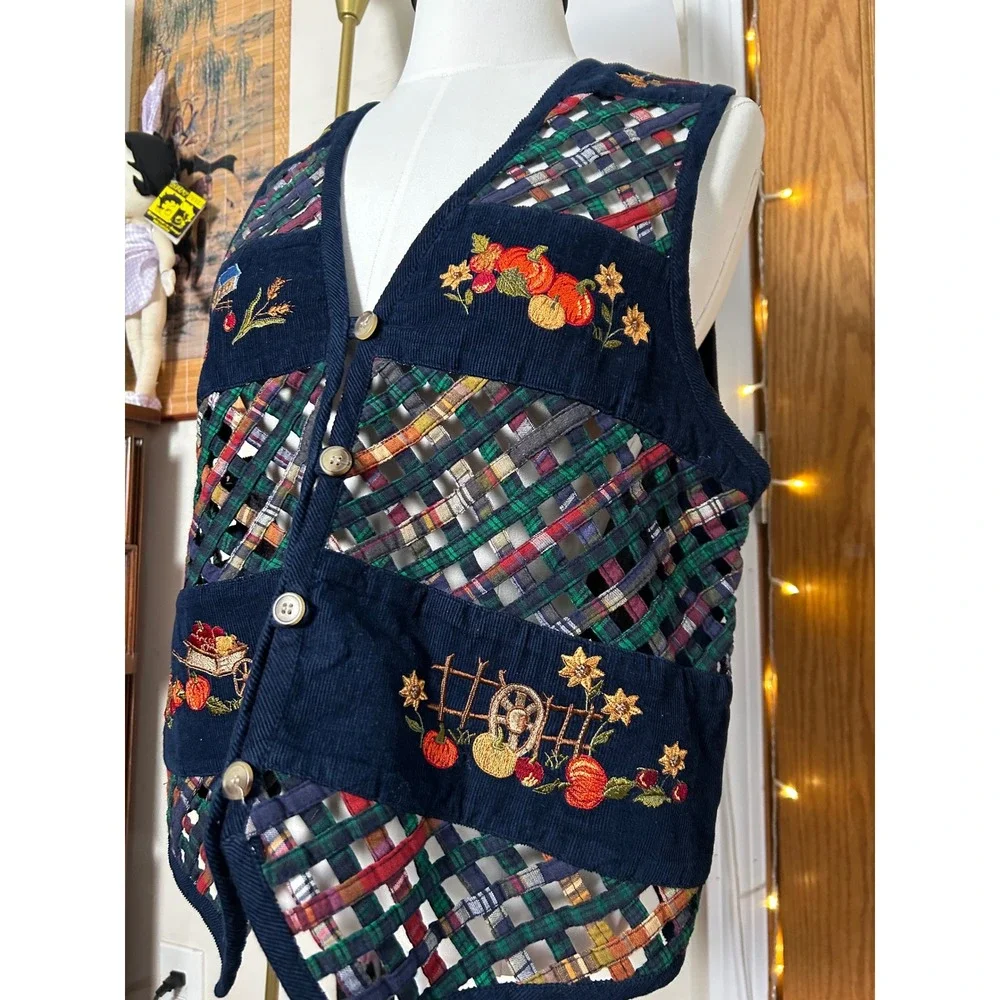 Vintage Cascade Blues Womens M Navy Corduroy Embroidered Fall‎ Farmhouse Vest - Picture 2 of 7